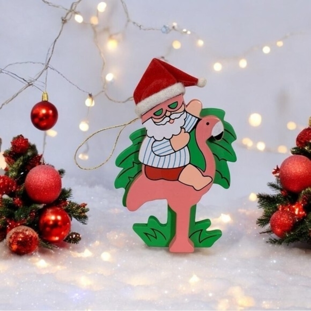 Rare Santa Claus on Pink Flamingo Wooden Christmas Tree Ornament Collectible